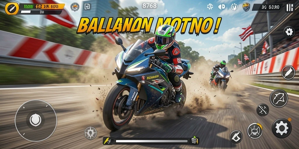 Screenshot utama 8768 menampilkan aksi balapan motor yang mendebarkan.