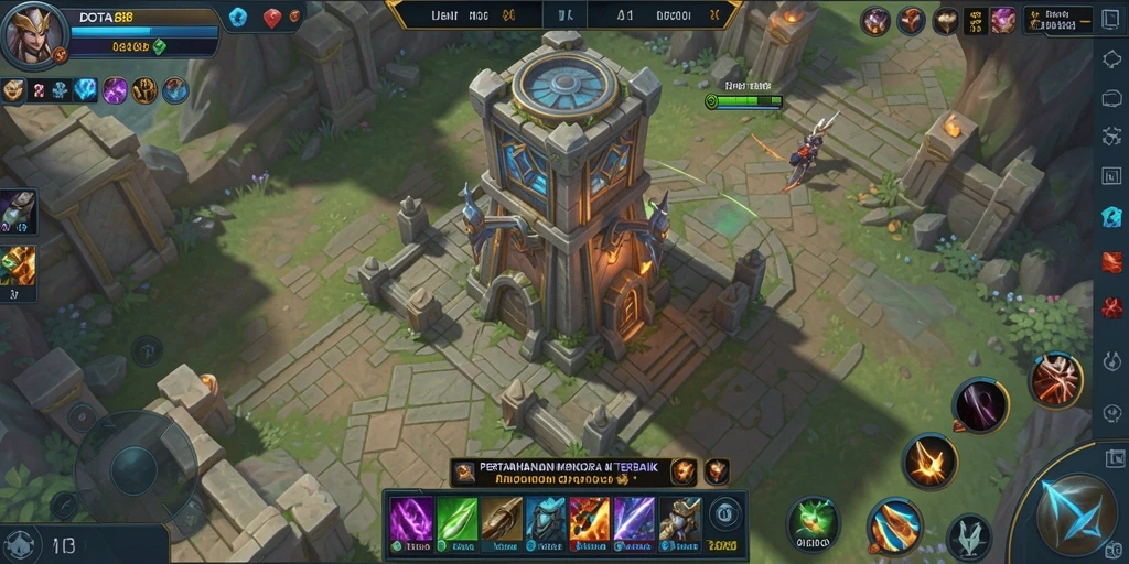Tangkapan layar gameplay DOTA88 menunjukkan menara siap bertahan melawan gelombang musuh.