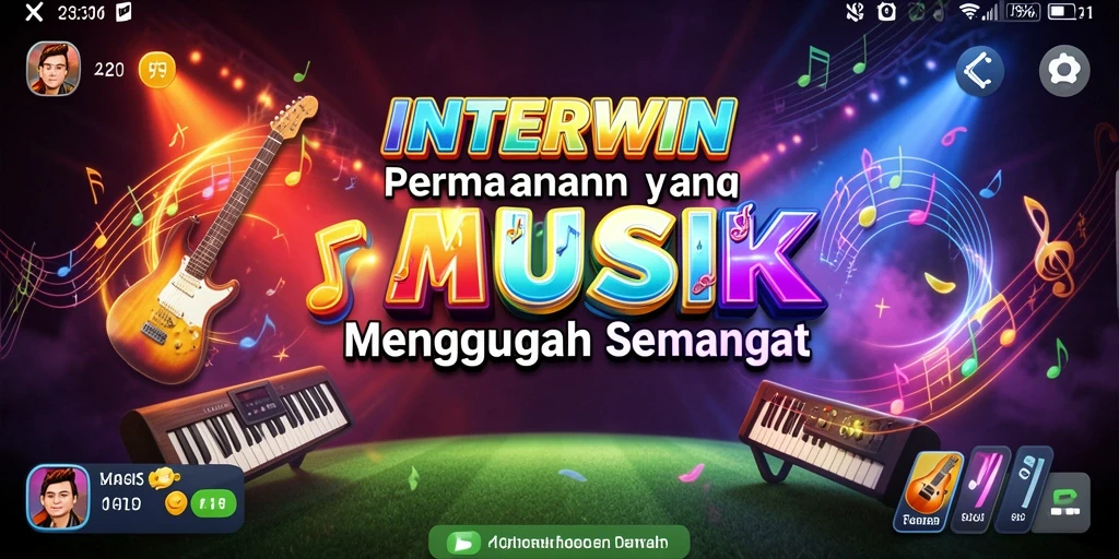 Screenshot utama INTERWIN menampilkan pengguna memainkan alat musik dengan semangat.