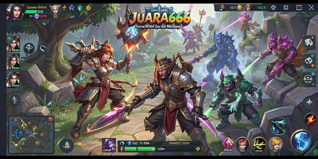 Tampilan gameplay JUARA666 dengan aksi pertarungan MOBA yang mendebarkan.