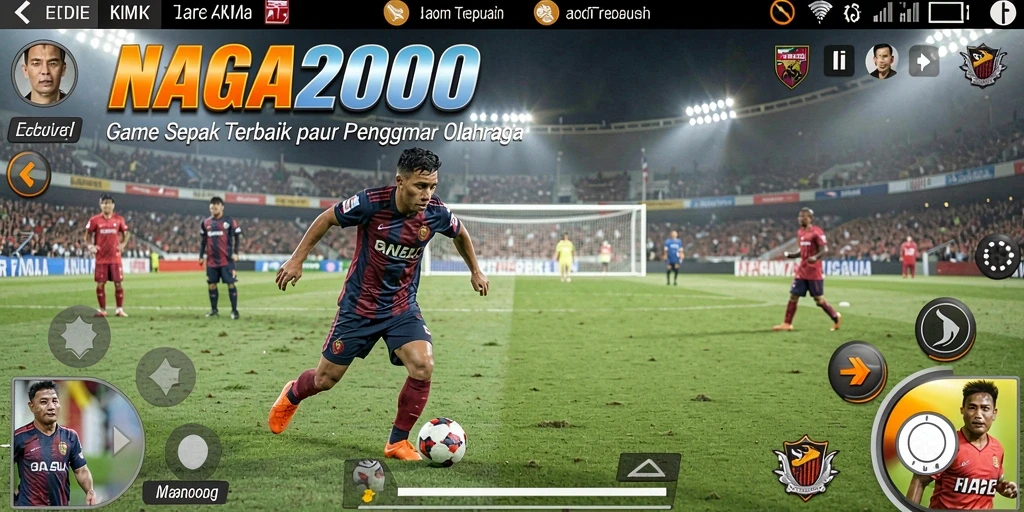 Screenshot gameplay NAGA2000 menampilkan aksi seru di lapangan sepak bola.