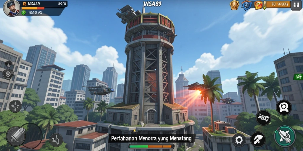 Screenshot gameplay menunjukkan strategi menara yang efektif.
