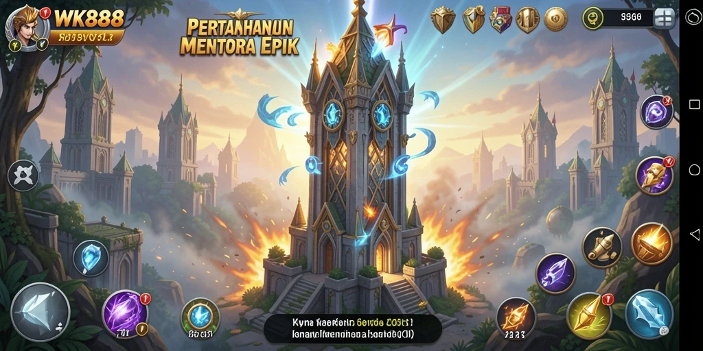 Screenshot utama dari gameplay Tower Defense WK888 dengan menara dan musuh.